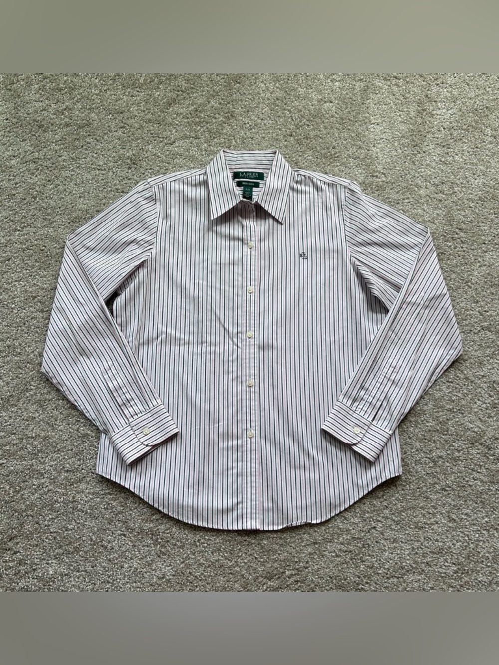 Lauren Ralph Lauren Petite Shirt PM Pink Navy Stripe Non-Iron Cotton Button Down